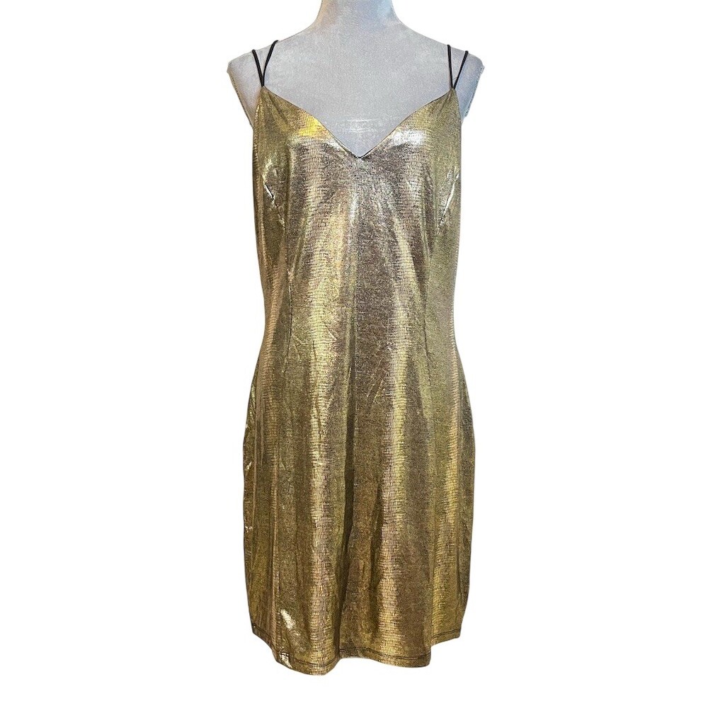 Women’s Metallic Gold Slip Strappy Mini Dress 2XL Cocktail Party Evening Club
